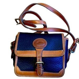 Vtg Dooney & Bourke 🦆Surrey Medium Carrier Navy All Weather Leather, British tan